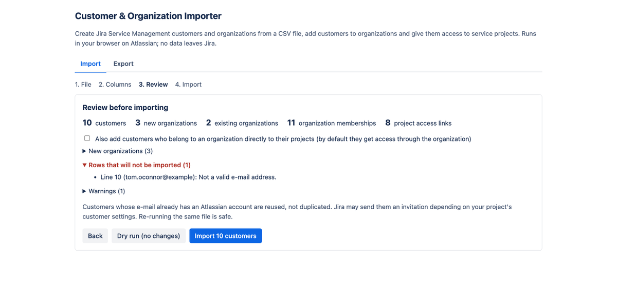 The review step of the importer: counts of customers, new and existing organizations, memberships and project access links, plus the rows that will not be imported.