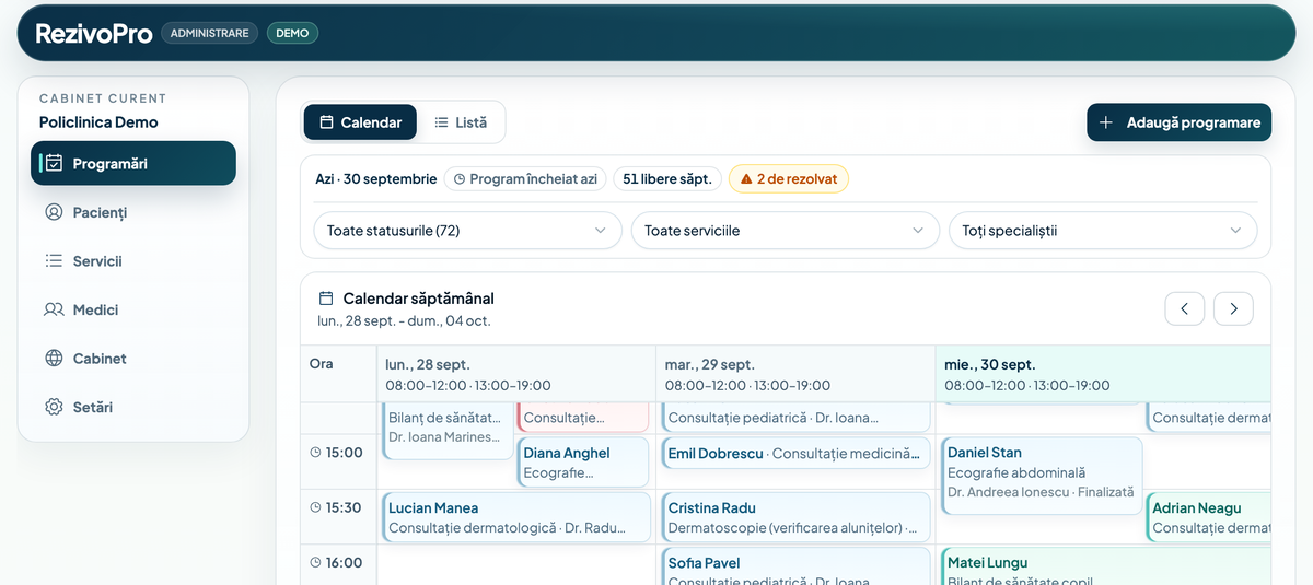 Panoul de cabinet RezivoPro, cu calendarul săptămânal de programări, pe date demonstrative fictive.