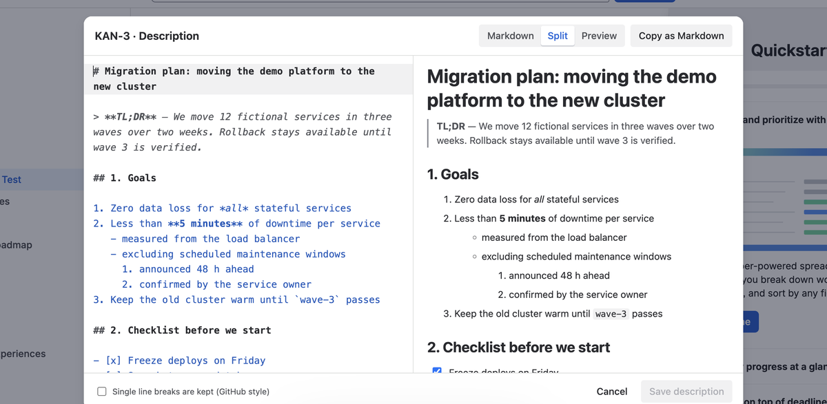 The Markdown Mode editor open over a Jira issue in split view: Markdown source on the left, the formatted Jira result on the right.